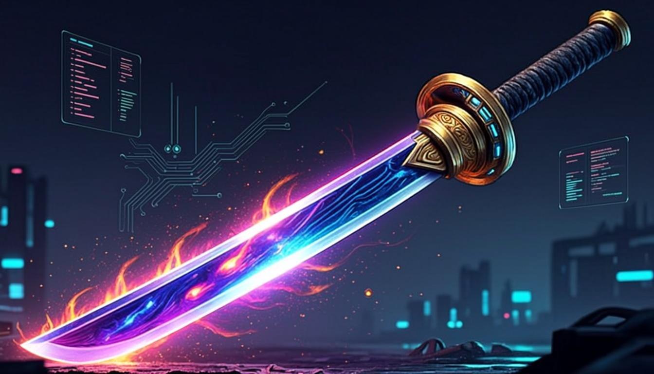 A cyberpunk neon-energy katana resting on a stand