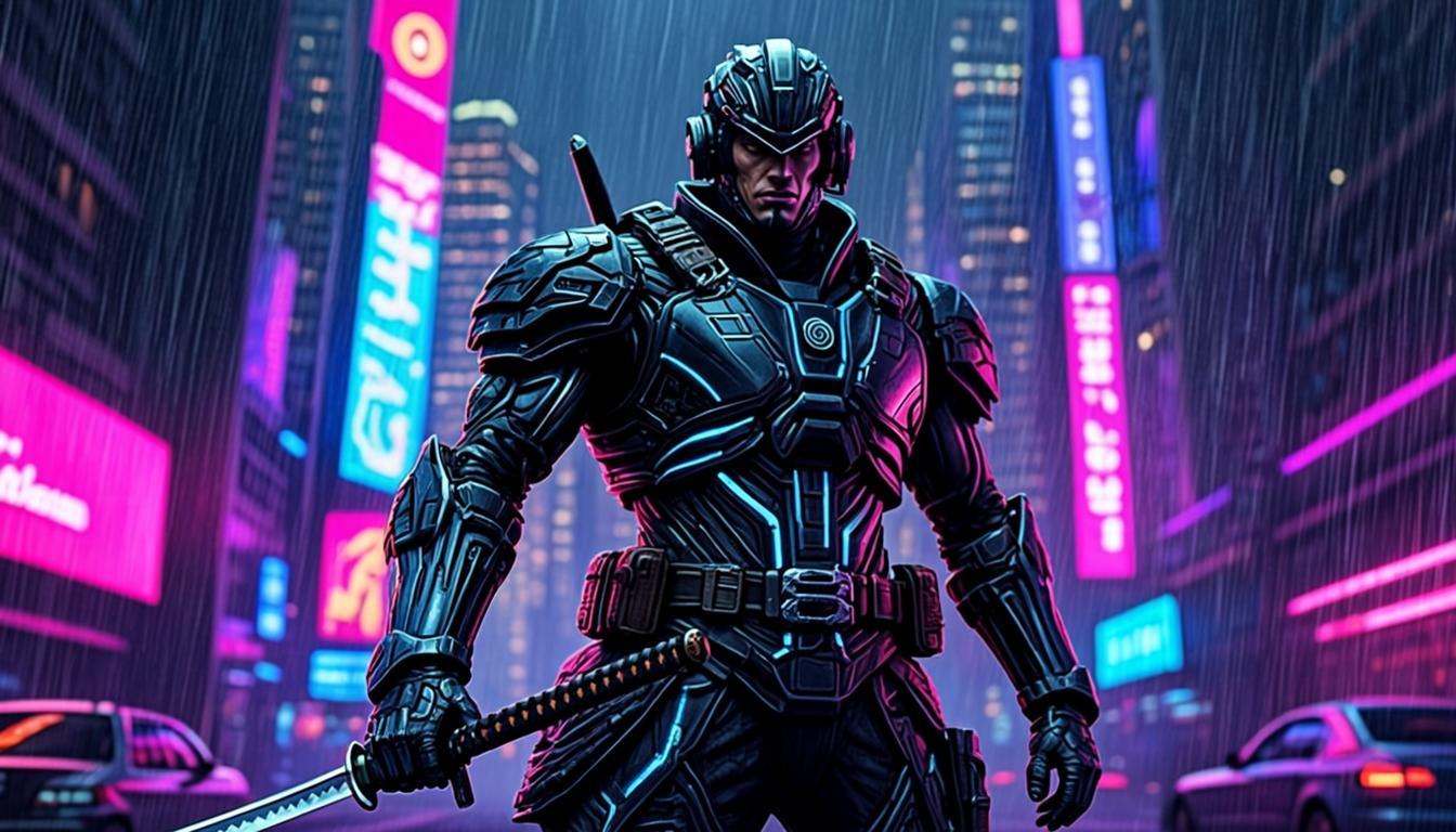 A cyberpunk samurai warrior drawing a glowing neon katana in a rainy neon Tokyo street