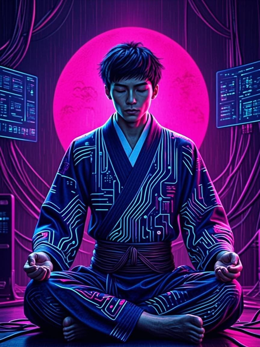 A cyberpunk samurai seated in zazen meditation beneath a holographic neon enso