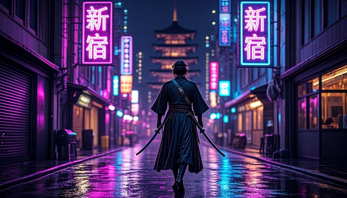 A cyberpunk samurai silhouette walking a neon rainy Tokyo street at dawn